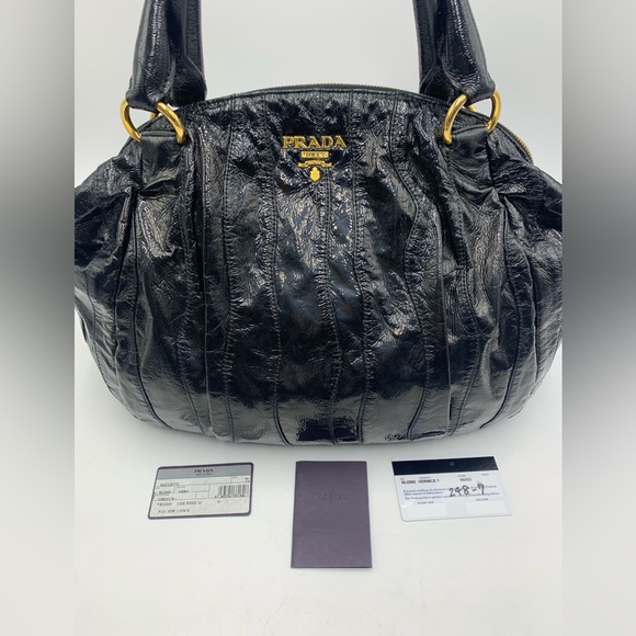 Auth Prada Black Patent Leather Whipstitch Tonal Stripe Satchel Lightweight - Picture 3 of 16